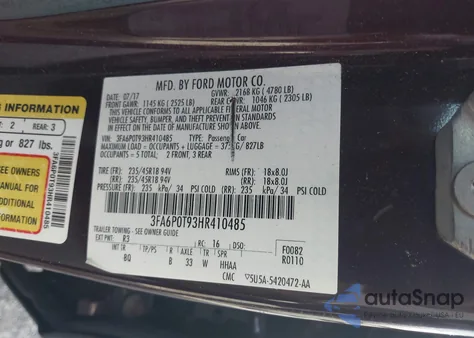 2017 Ford Fusion Se z USA, uszkodzony, nr VIN 3FA6P0T93HR410485